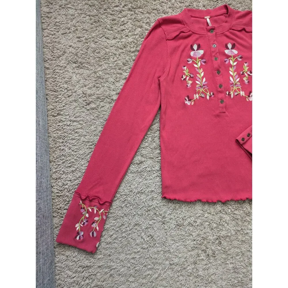 Free People Fleur Embroidered Cuff Henley Top Womens M Red-Pink Floral Boho